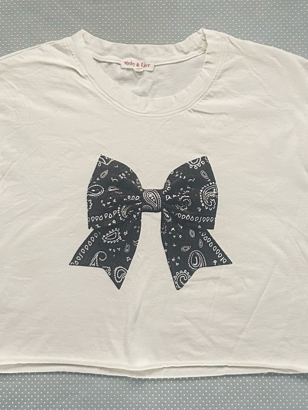 Ruby & Lace Cropped Off White Tee with Brown Bandana Bow